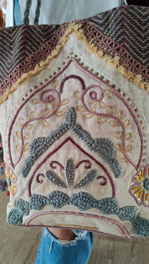 Pastel Pink Grey Banjara Handcrafted Embroidery Tote Bag