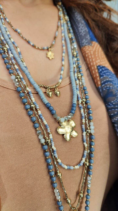 Pearl Flower Grey Blue Multi Layer Necklace