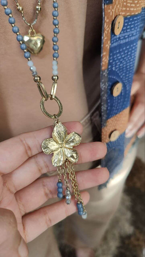 Pearl Flower Grey Blue Multi Layer Necklace