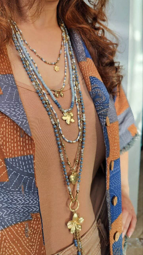 Pearl Flower Grey Blue Multi Layer Necklace