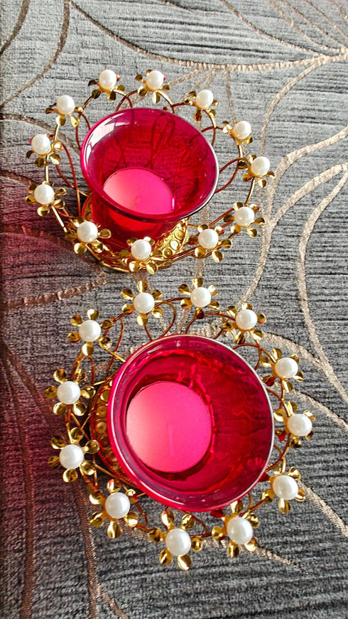 Pearl Red Glass Diya Set (Pair of 2) - Accessory