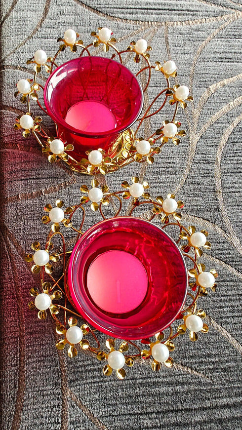 Pearl Red Glass Diya Set (Pair of 2) - Accessory