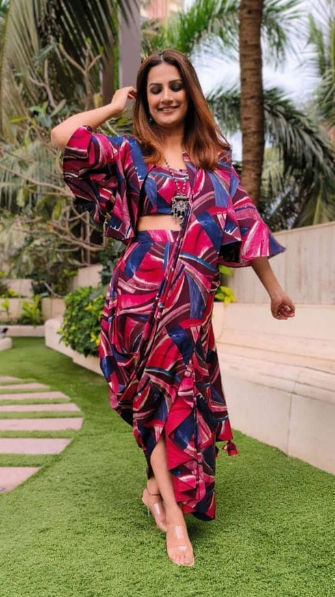 Pink Abstract Drape Sari Jacket