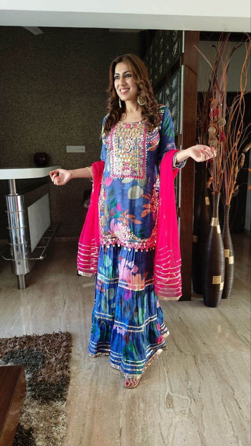 Pink Blue Embroidery Sharara Set