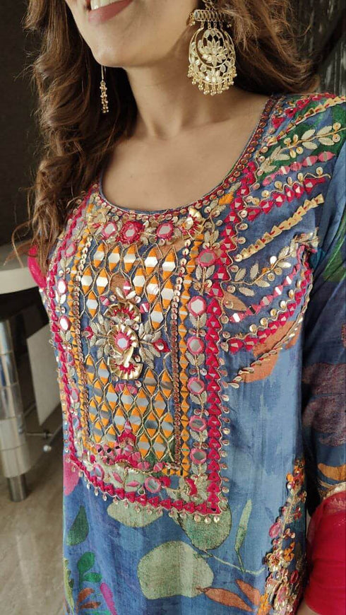 Pink Blue Embroidery Sharara Set