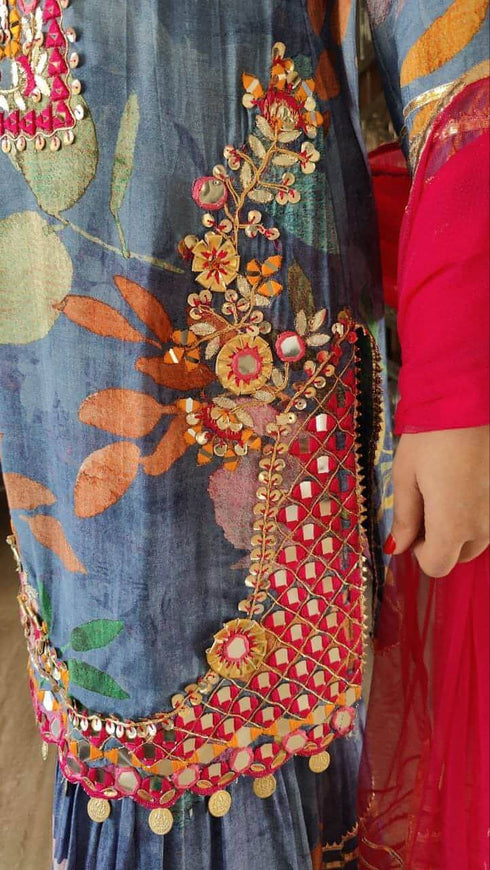 Pink Blue Embroidery Sharara Set