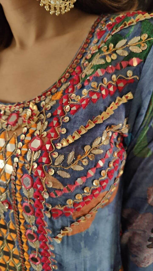 Pink Blue Embroidery Sharara Set