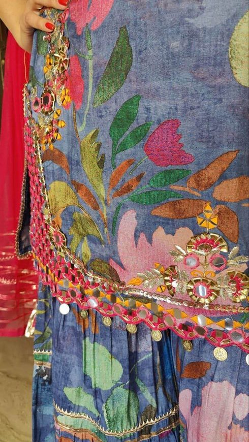 Pink Blue Embroidery Sharara Set