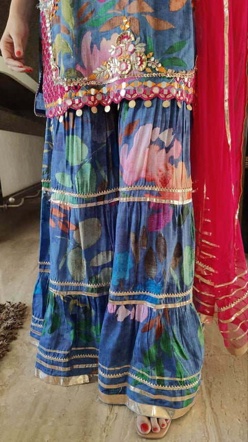 Pink Blue Embroidery Sharara Set