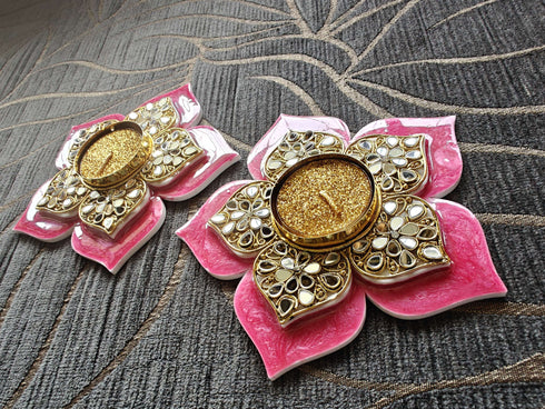 Pink Flower Diya Set (Pair of 2) - Accessory