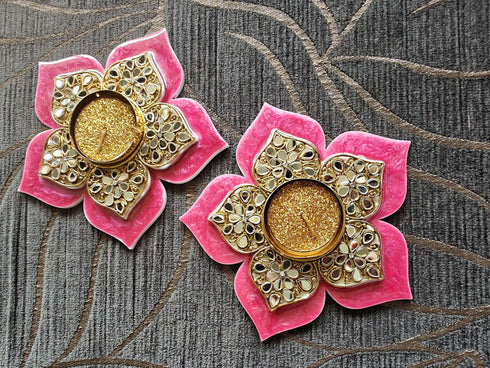Pink Flower Diya Set (Pair of 2) - Accessory