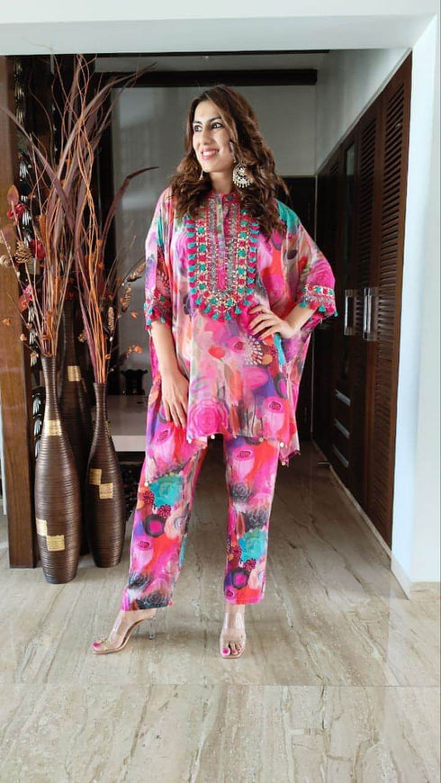 Pink Heavy Neck Kaftan Co ord Set