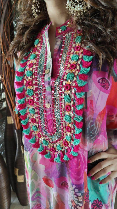 Pink Heavy Neck Kaftan Co ord Set