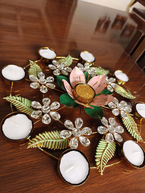 Pink Lotus Green Leaf Jaal Candle Set - Accessory