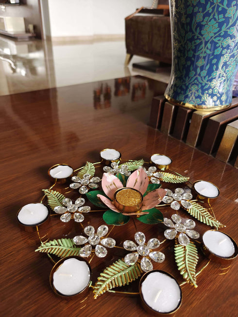 Pink Lotus Green Leaf Jaal Candle Set - Accessory