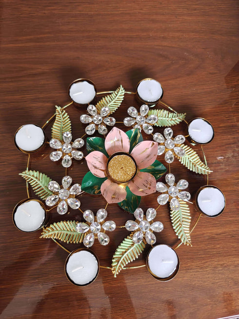 Pink Lotus Green Leaf Jaal Candle Set - Accessory