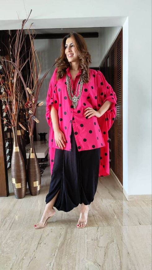 Pink Polka Dot Shirt With Black Dhoti
