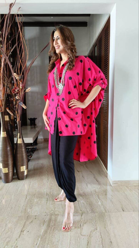 Pink Polka Dot Shirt With Black Dhoti