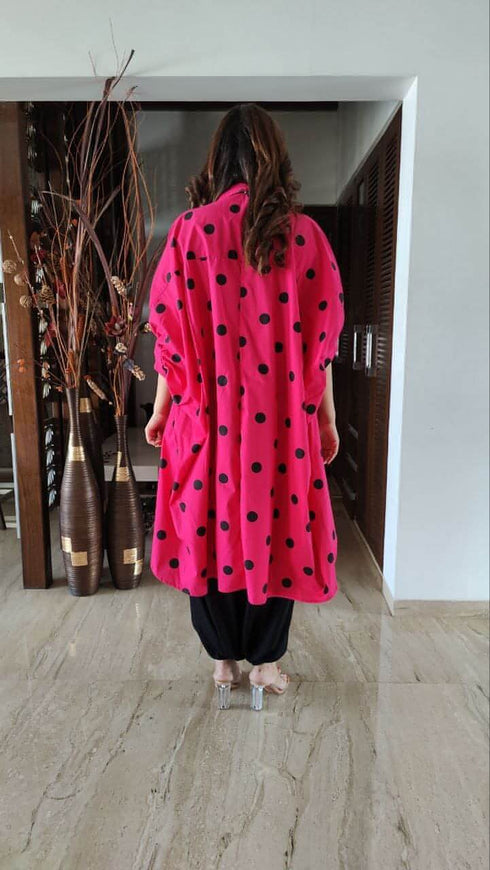 Pink Polka Dot Shirt With Black Dhoti