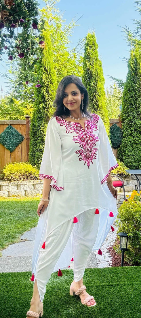 Pink Tassel White Kurta Set