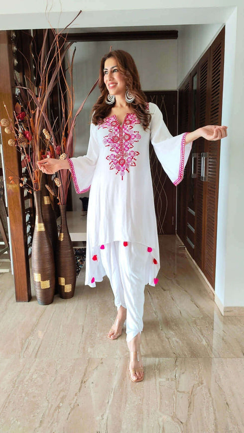 Pink Tassel White Kurta Set