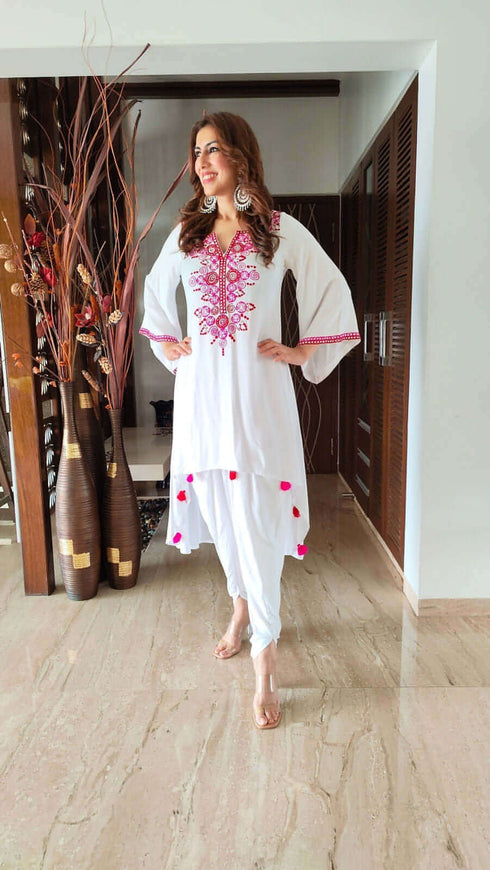 Pink Tassel White Kurta Set