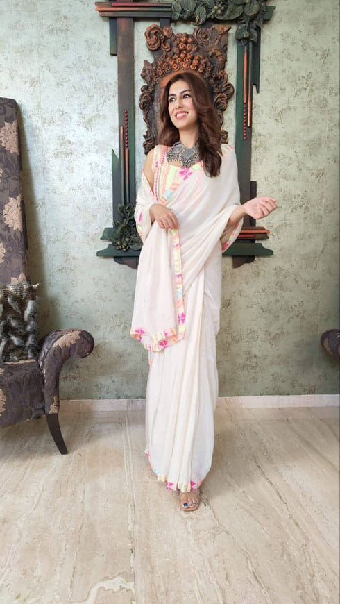 Prestitched Neon White Saree
