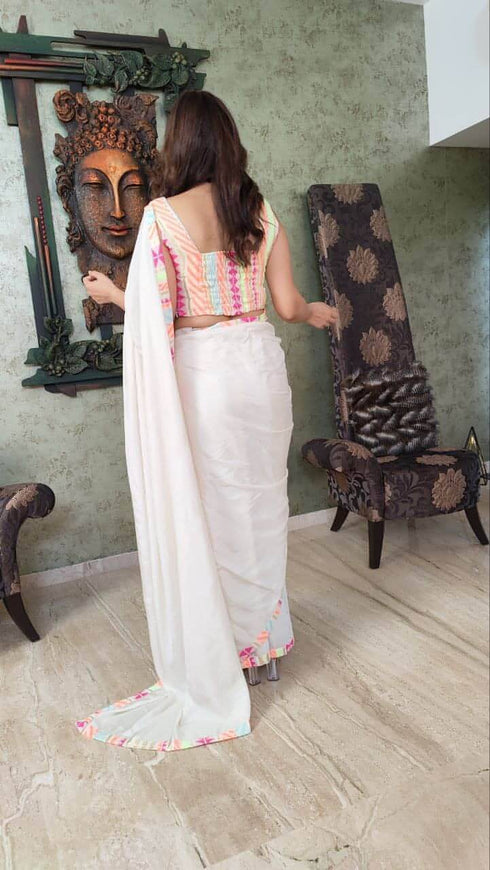 Prestitched Neon White Saree