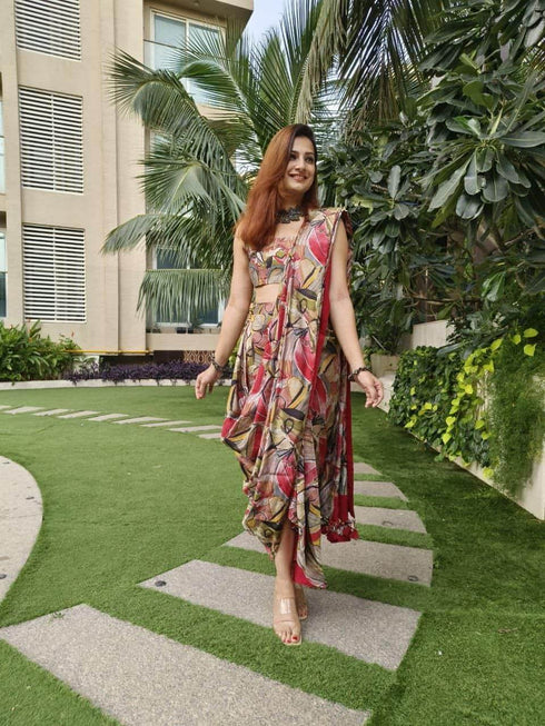 Red Abstract Drape Sari 3 Piece Set