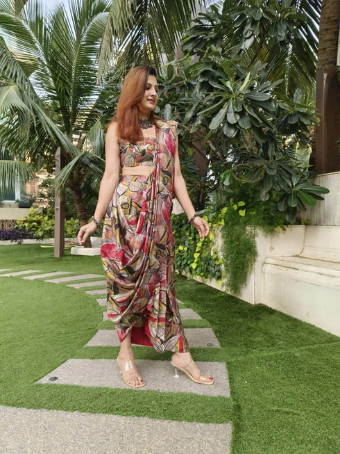 Red Abstract Drape Sari 3 Piece Set