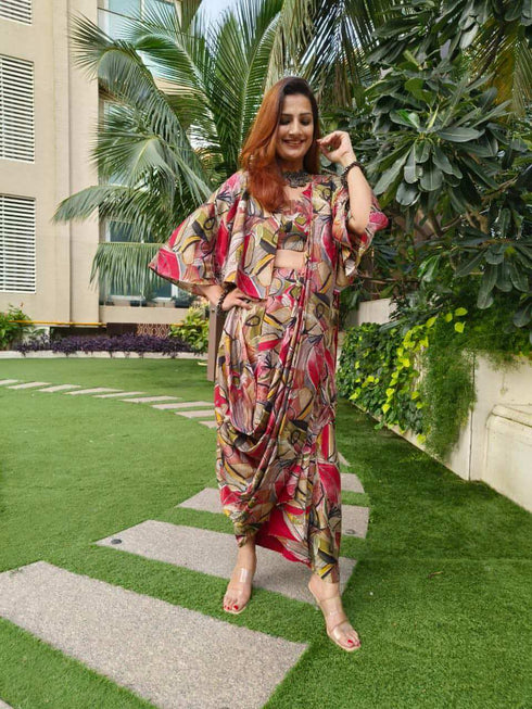 Red Abstract Drape Sari 3 Piece Set