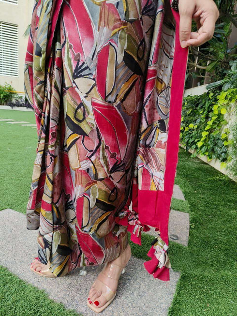 Red Abstract Drape Sari 3 Piece Set