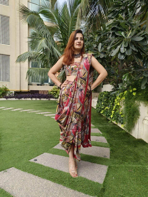 Red Abstract Drape Sari 3 Piece Set