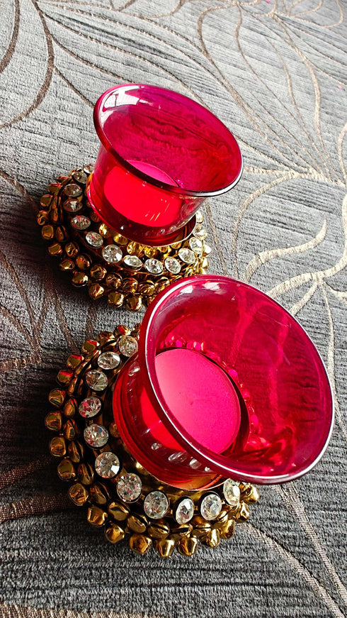 Red Glass Ghungroo Diya Set (Pair of 2) - Accessory