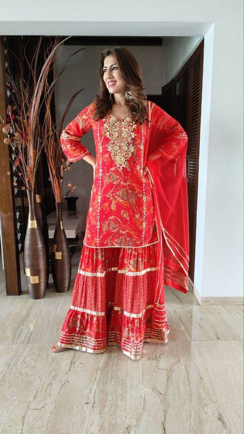 Red Gold Sharara Suit Set
