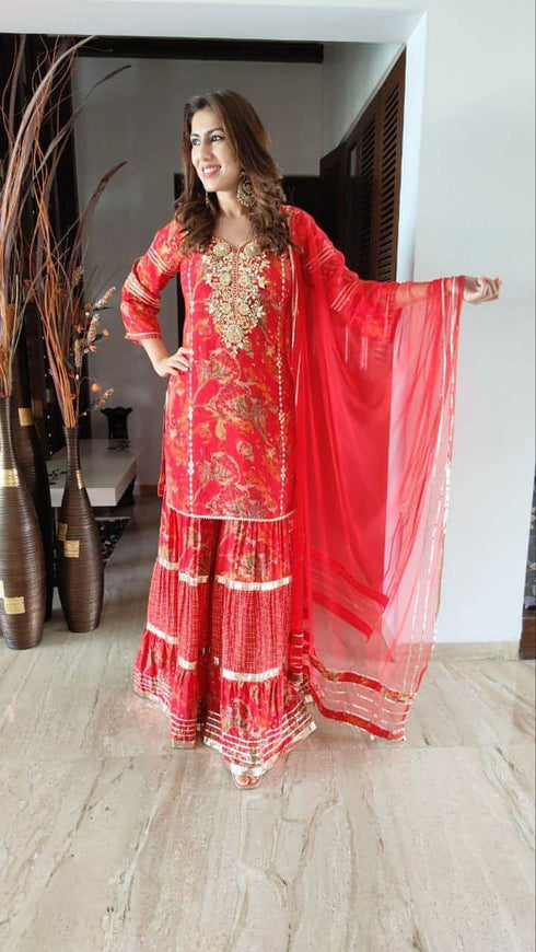 Red Gold Sharara Suit Set
