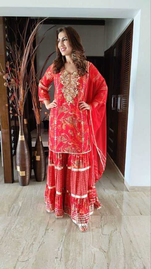 Red Gold Sharara Suit Set