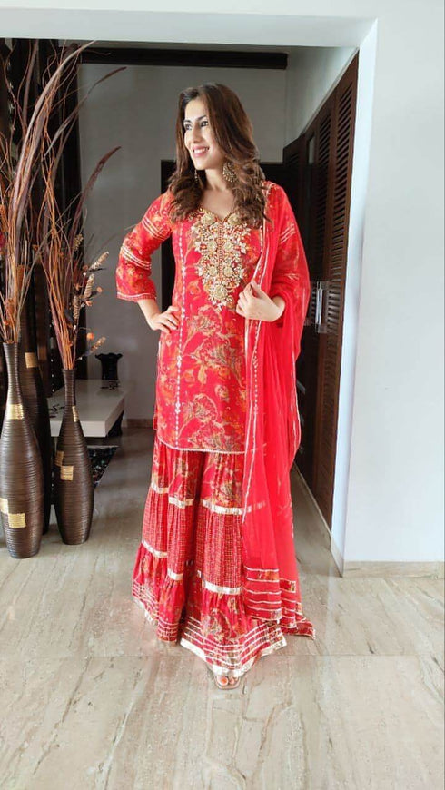 Red Gold Sharara Suit Set