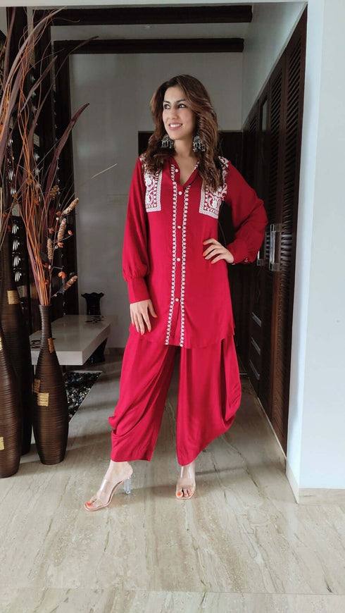 Red Kurta Dhoti Set with Embroidery