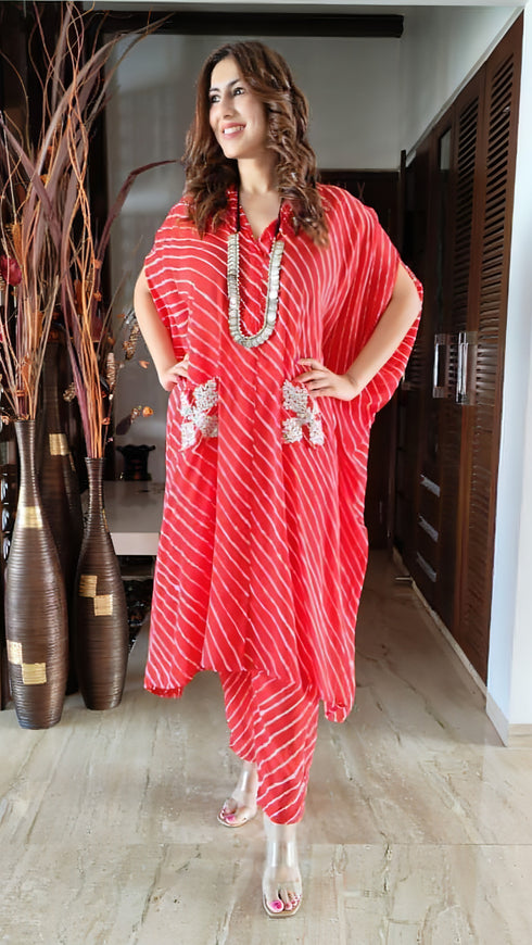 Red Leheriya Kaftan Coord Set