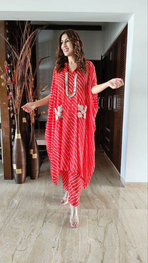 Red Leheriya Kaftan Coord Set
