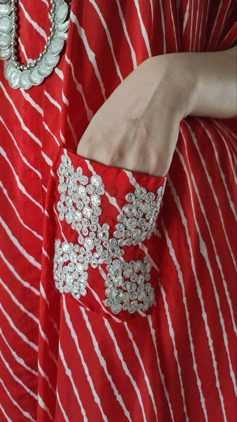 Red Leheriya Kaftan Coord Set