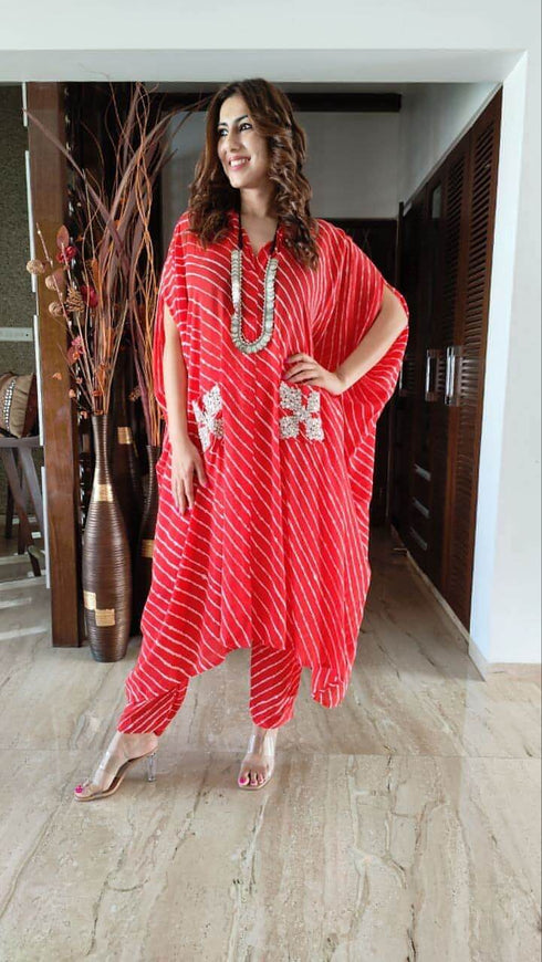 Red Leheriya Kaftan Coord Set