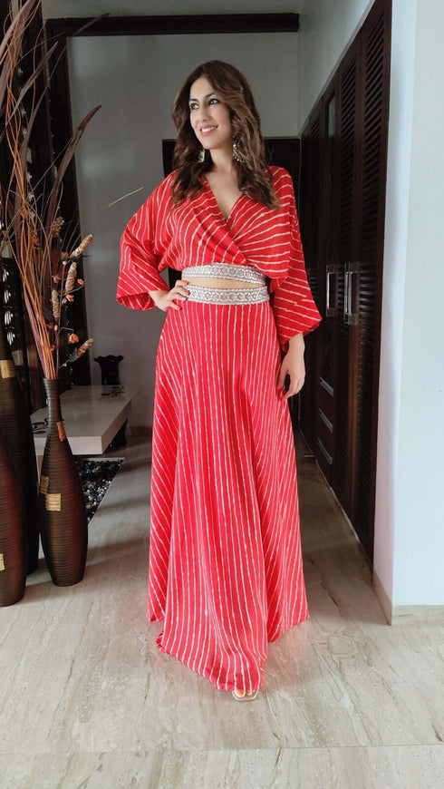 Red Leheriya Top with Skirt Coord Set