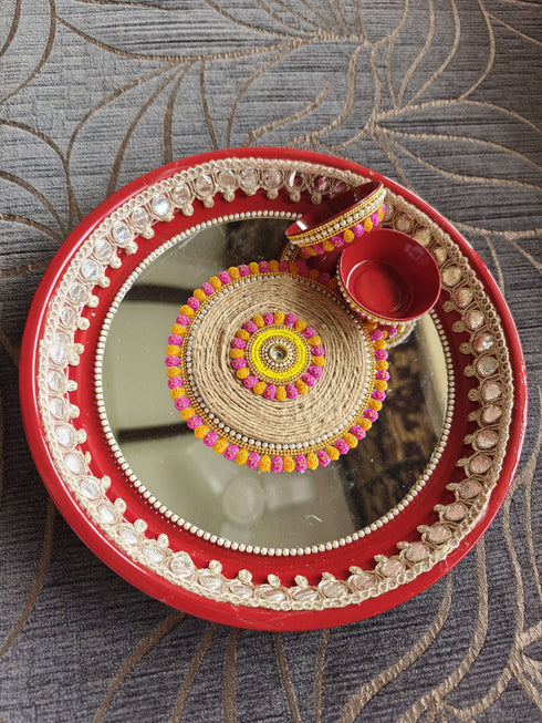 Red Mirror Jute Pooja Thali Set - Accessory