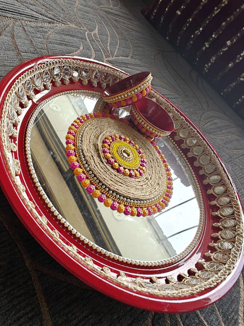 Red Mirror Jute Pooja Thali Set - Accessory