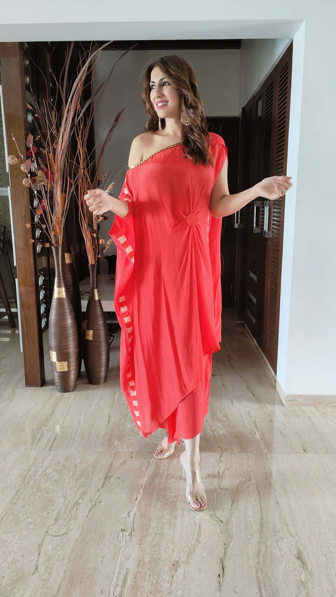 Red One Shoulder Dress With Pant For Women Coords