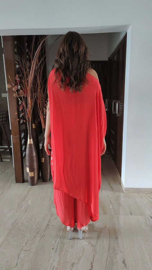 Red One Shoulder Dress With Pant For Women - Coords
