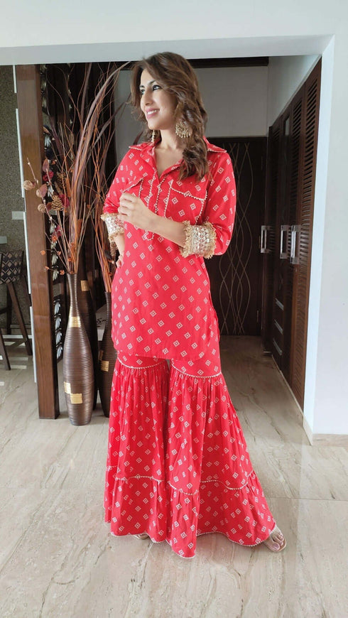 Red Pathani Sharara Set