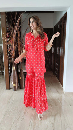 Red Pathani Sharara Set